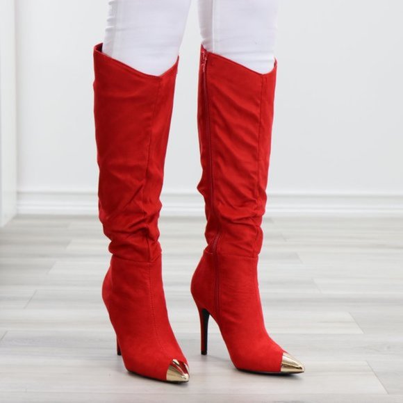 Fancy Pointy Toe Below The Knee Red Boots Suede - Picture 5 of 15